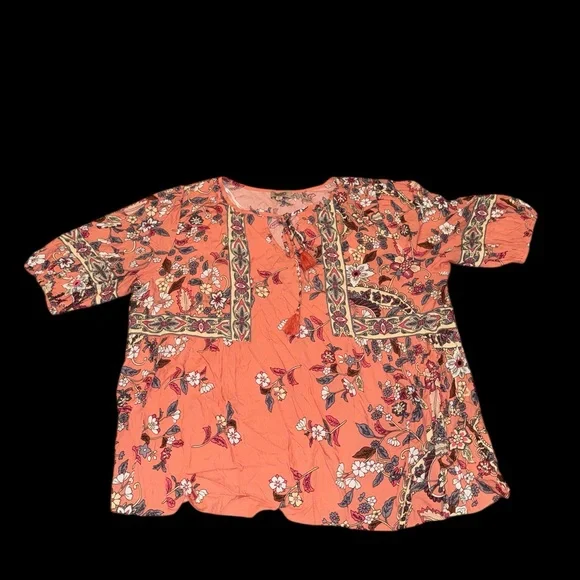 Floral Orange/Peach Popover Top (1XL) - Picture 1 of 7